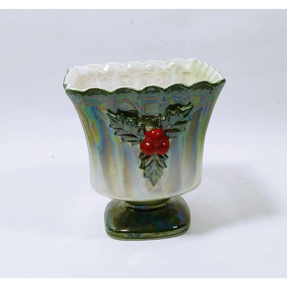 Vintage Opalescent Footed Christmas Planter Holly Green & Red 3D MCM (su1) - Picture 1 of 5
